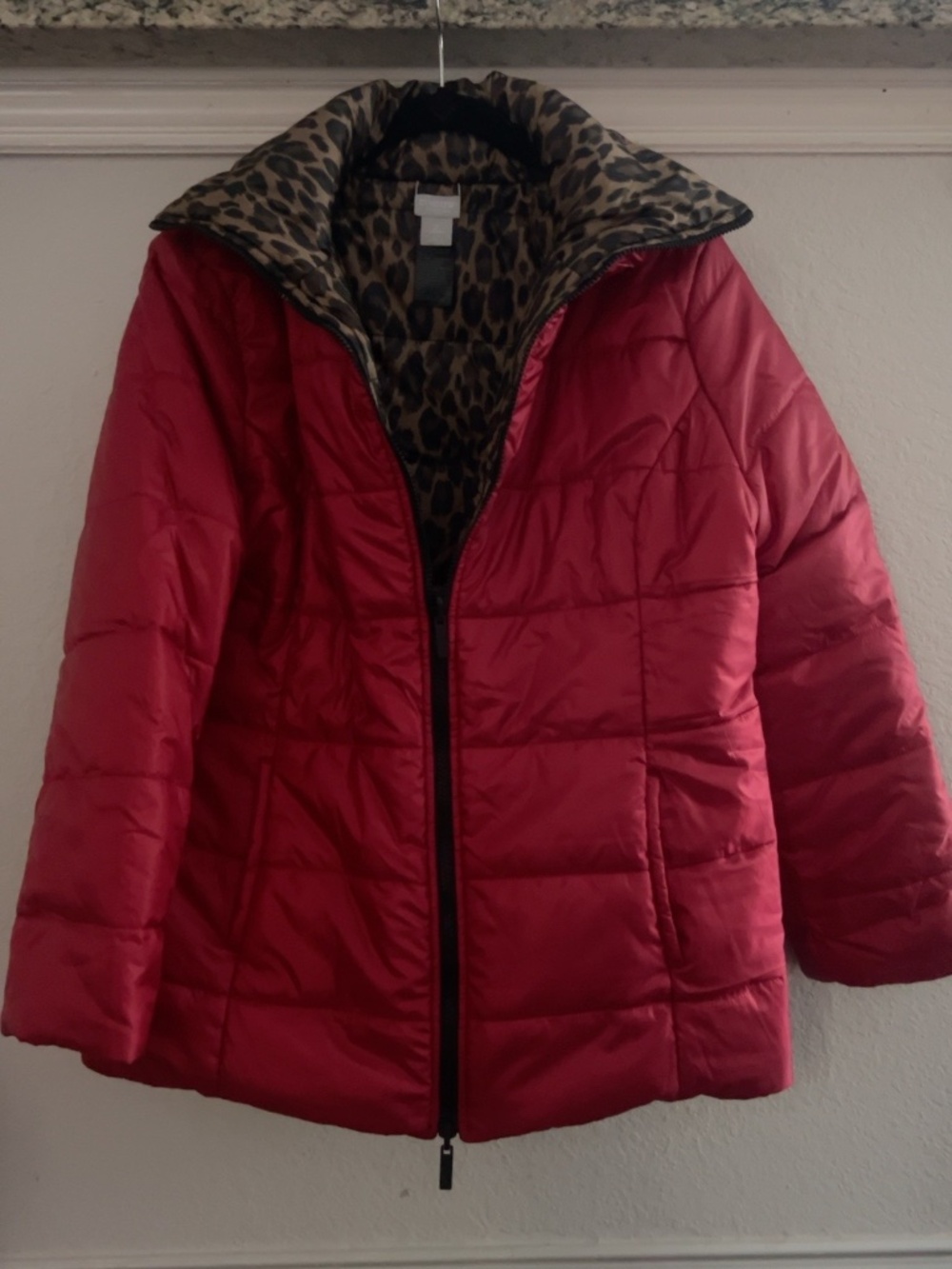 Chico’s Red Puffer Jacket Leopard Print Lining Size 2